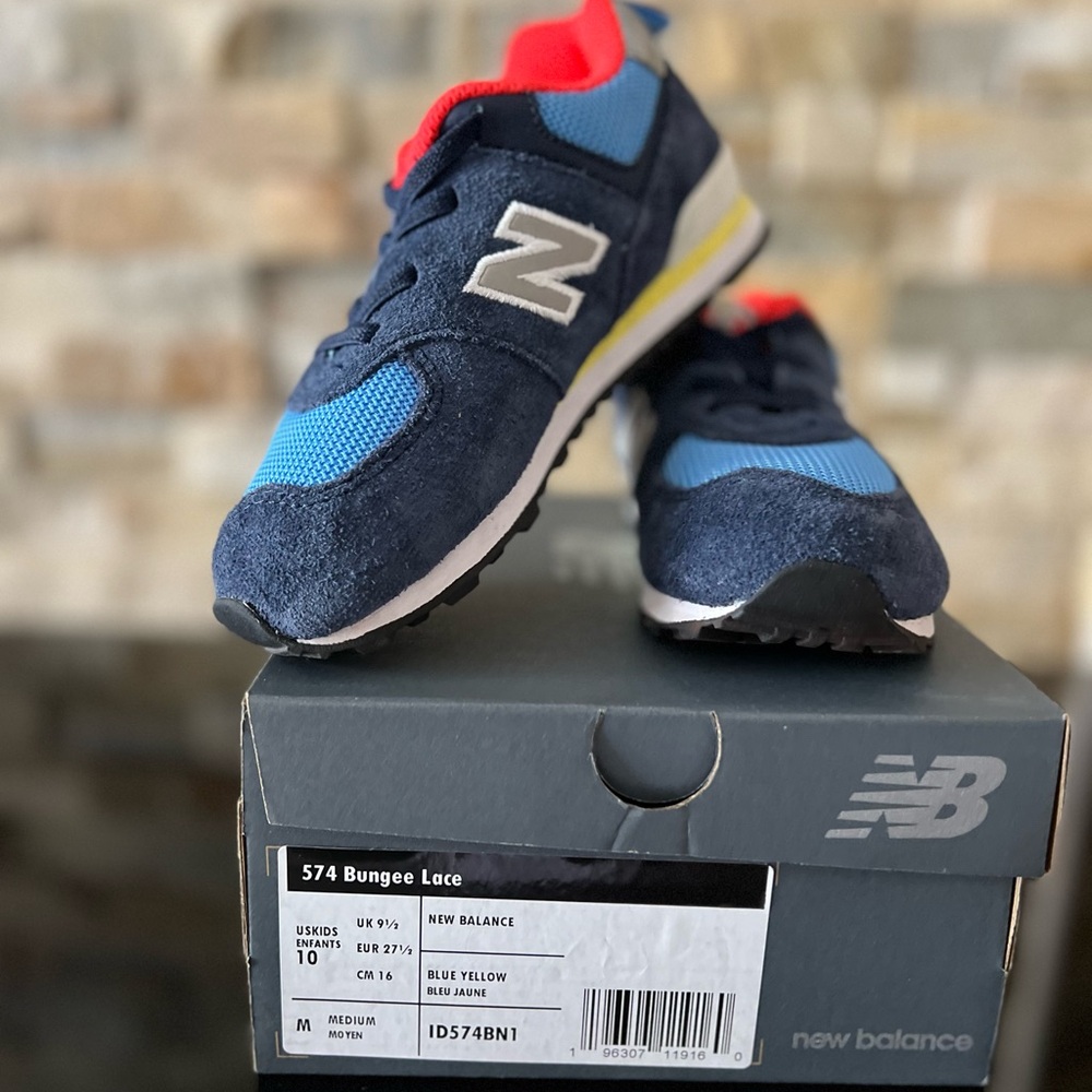 New Balance 574 Bungee Lace, size 10C, Blue/Yellow/Crimson Red
